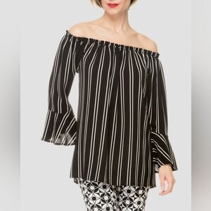 Joseph Ribkoff Black White Stripe Top Off Shoulder Bell Sleeves Size 6 Travel